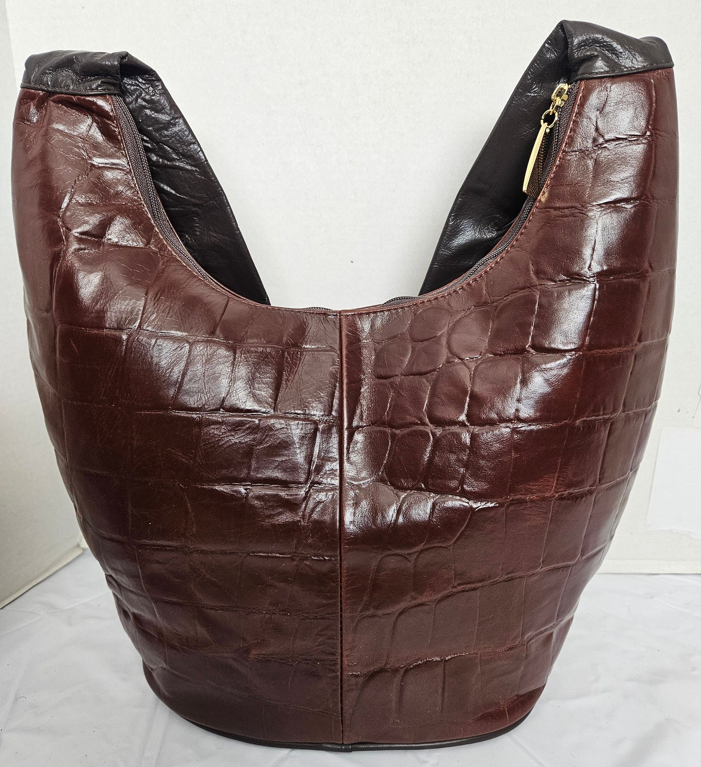 Tejrasila-Brown with brown print leather on Gold metal G design Hobo genuine leather handbag!