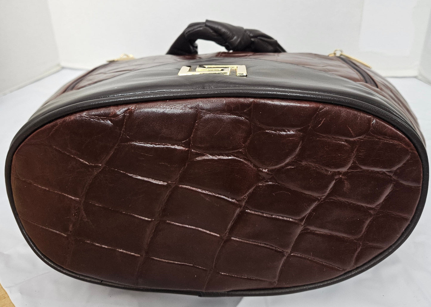 Tejrasila-Brown with brown print leather on Gold metal G design Hobo genuine leather handbag!