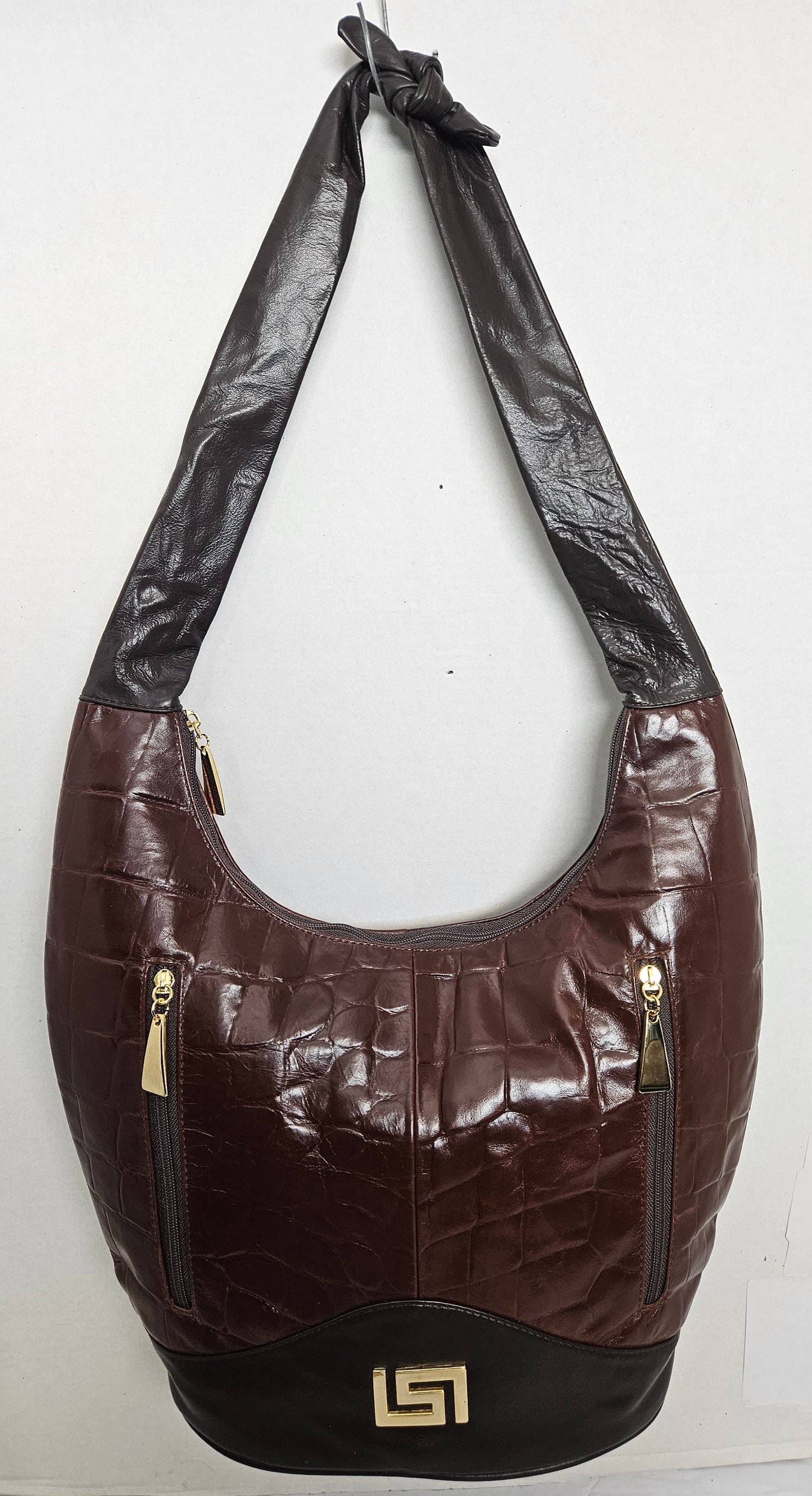 Tejrasila-Brown with brown print leather on Gold metal G design Hobo genuine leather handbag!