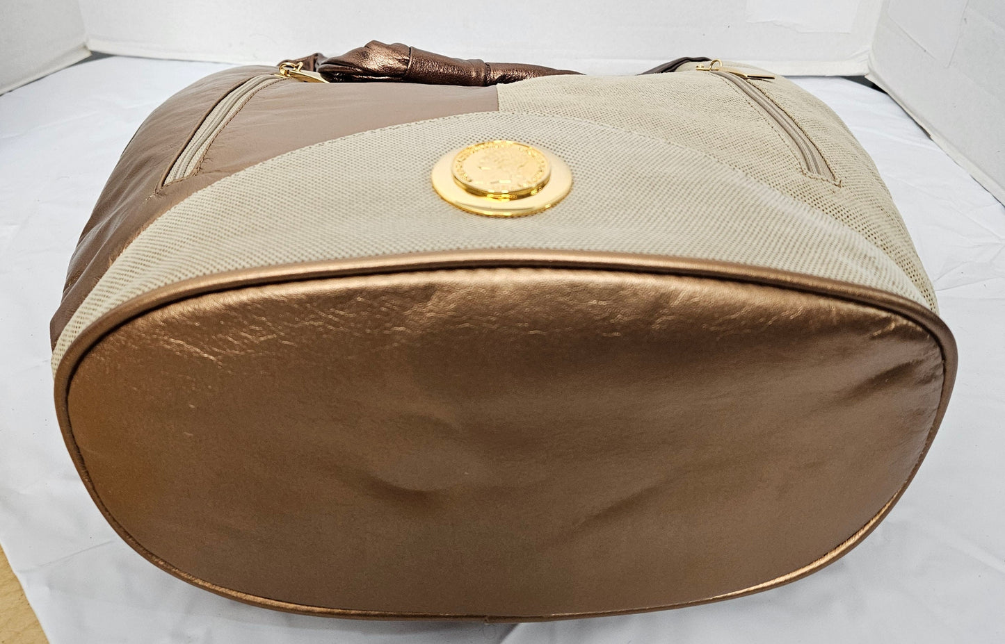 Three tone gold mate/champion print with shining Bronze genuine leather Hobo Handbag! Made in USA!