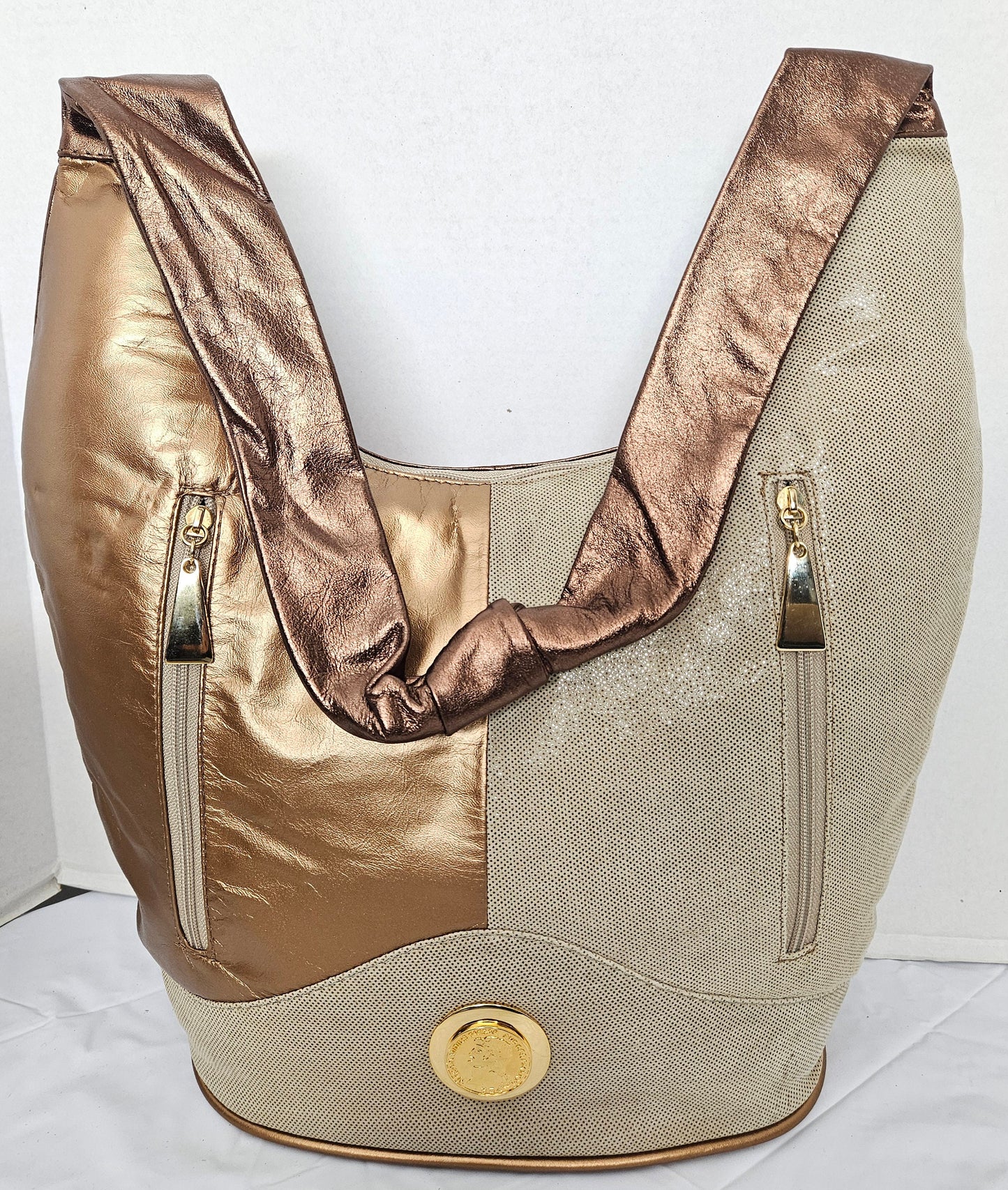 Three tone gold mate/champion print with shining Bronze genuine leather Hobo Handbag! Made in USA!