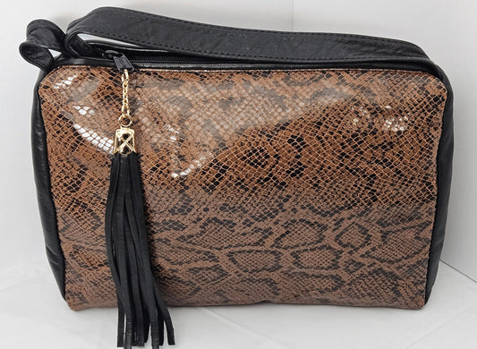 Black with Camel Snakeprint Crossbody Handbag.TR2018p Purses for women,for her.Genuine Leather least longer.Made in USA soft handbag.