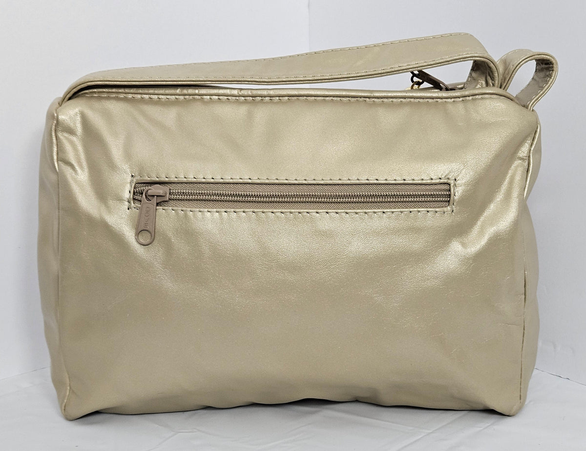 Champagne Leather Handbag: Gold Border Diamond Square, Made in USA