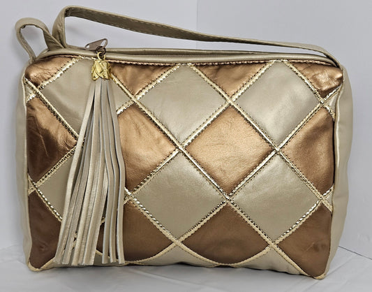Champagne Leather Handbag: Gold Border Diamond Square, Made in USA