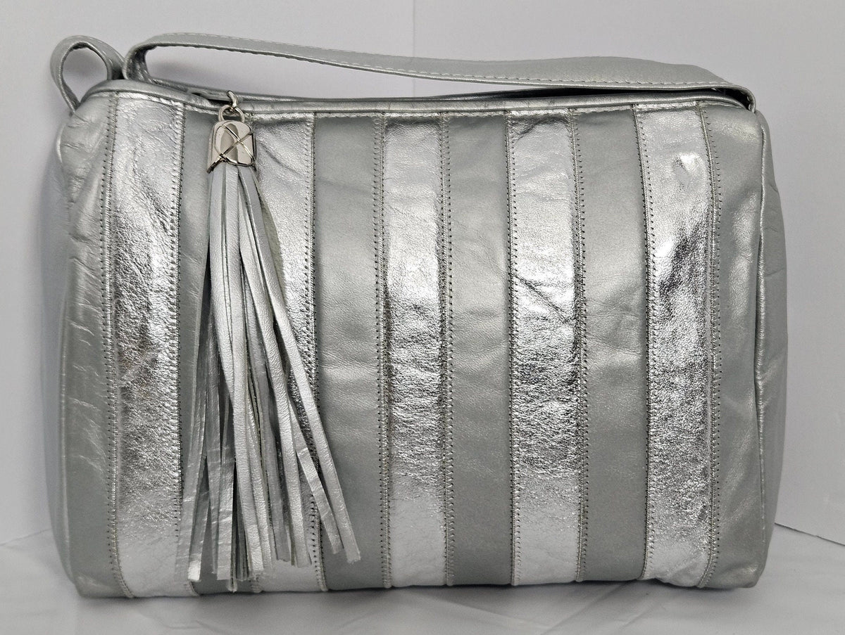 Grey Leather Shoulder Bag: Silver Stripes, Handmade Crossbody Purse