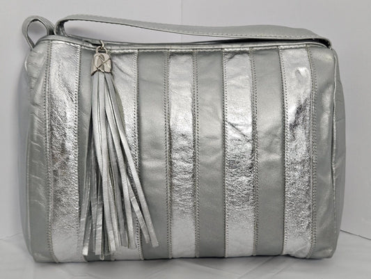 Grey Leather Shoulder Bag: Silver Stripes, Handmade Crossbody Purse