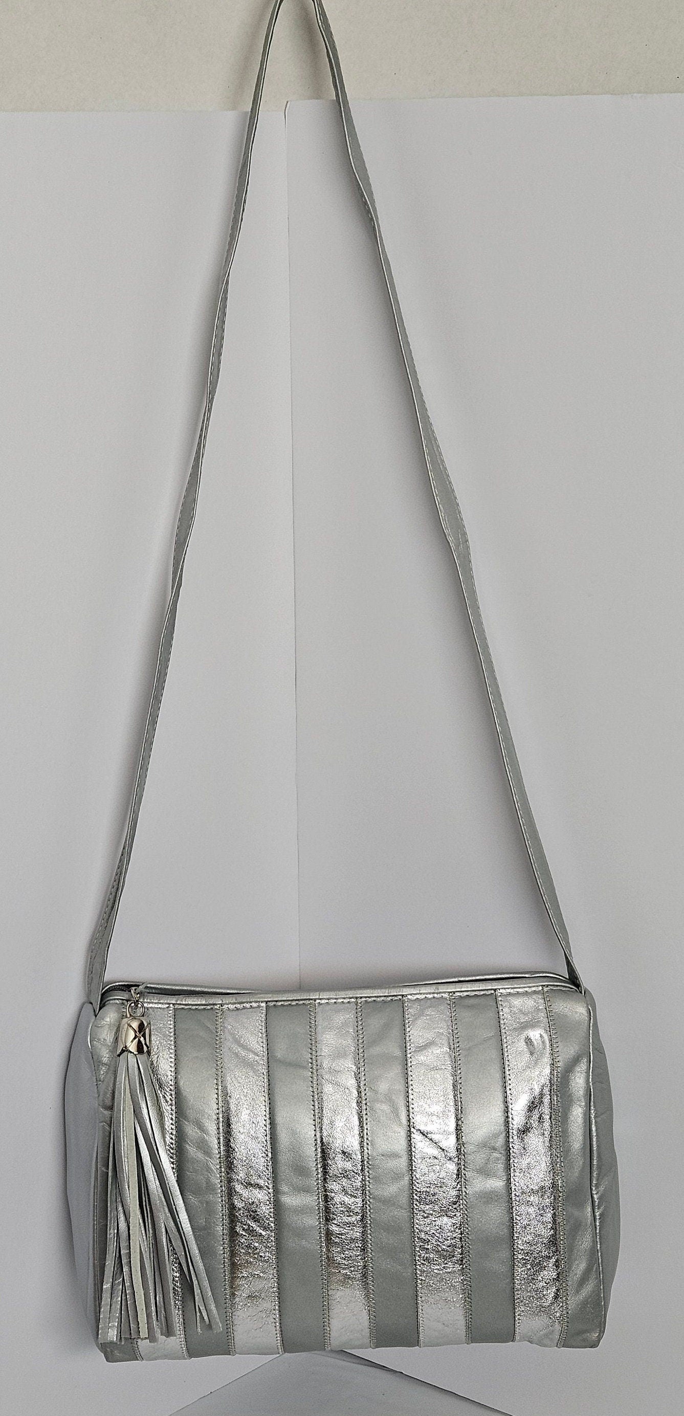 Grey with Shining Silver Stripes Zigzag Shoulder Handbag.TR2018SZ. Purses for women, Genuine Leather Made in USA.