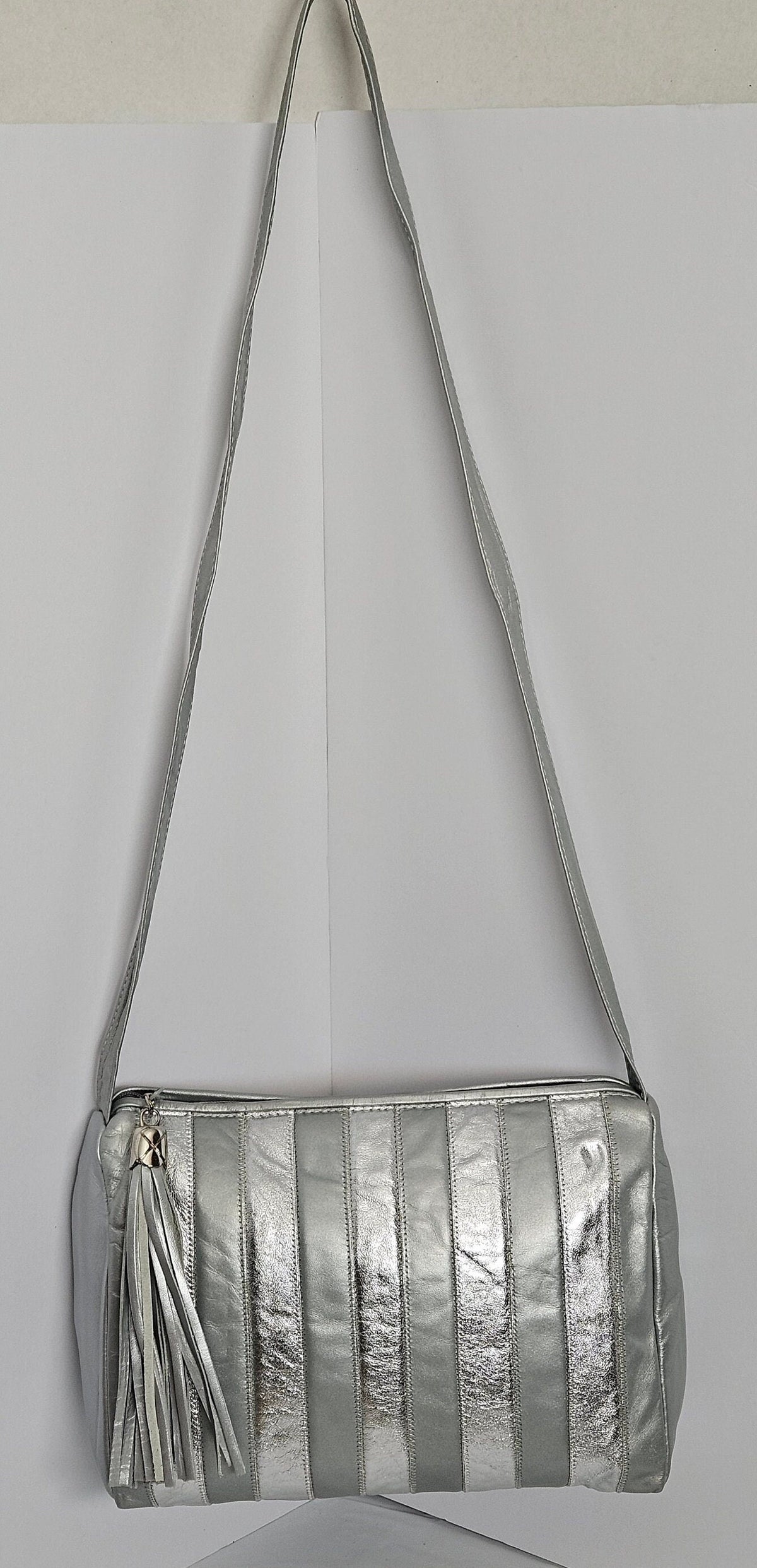 Grey Leather Shoulder Bag: Silver Stripes, Handmade Crossbody Purse