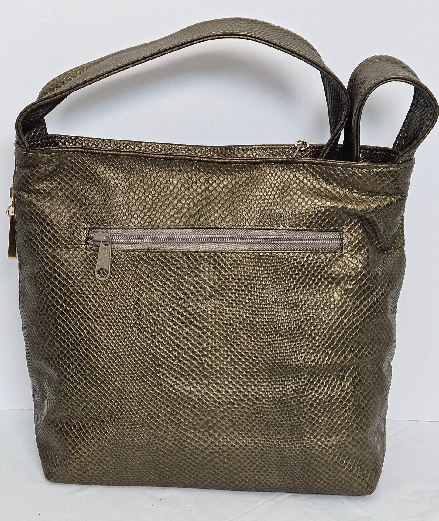 Tejrasila-Gorgeous Pewter snake print leather handbag!Good to carry everyday. Side pocket.Made in USA!