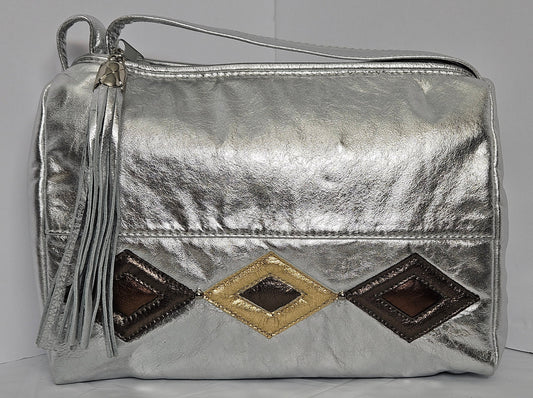 Shining Silver 3-tone diamond cut stich Design Shoulder Handbag.TR2018SDS. Purses for women, Genuine Leather Made in USA.