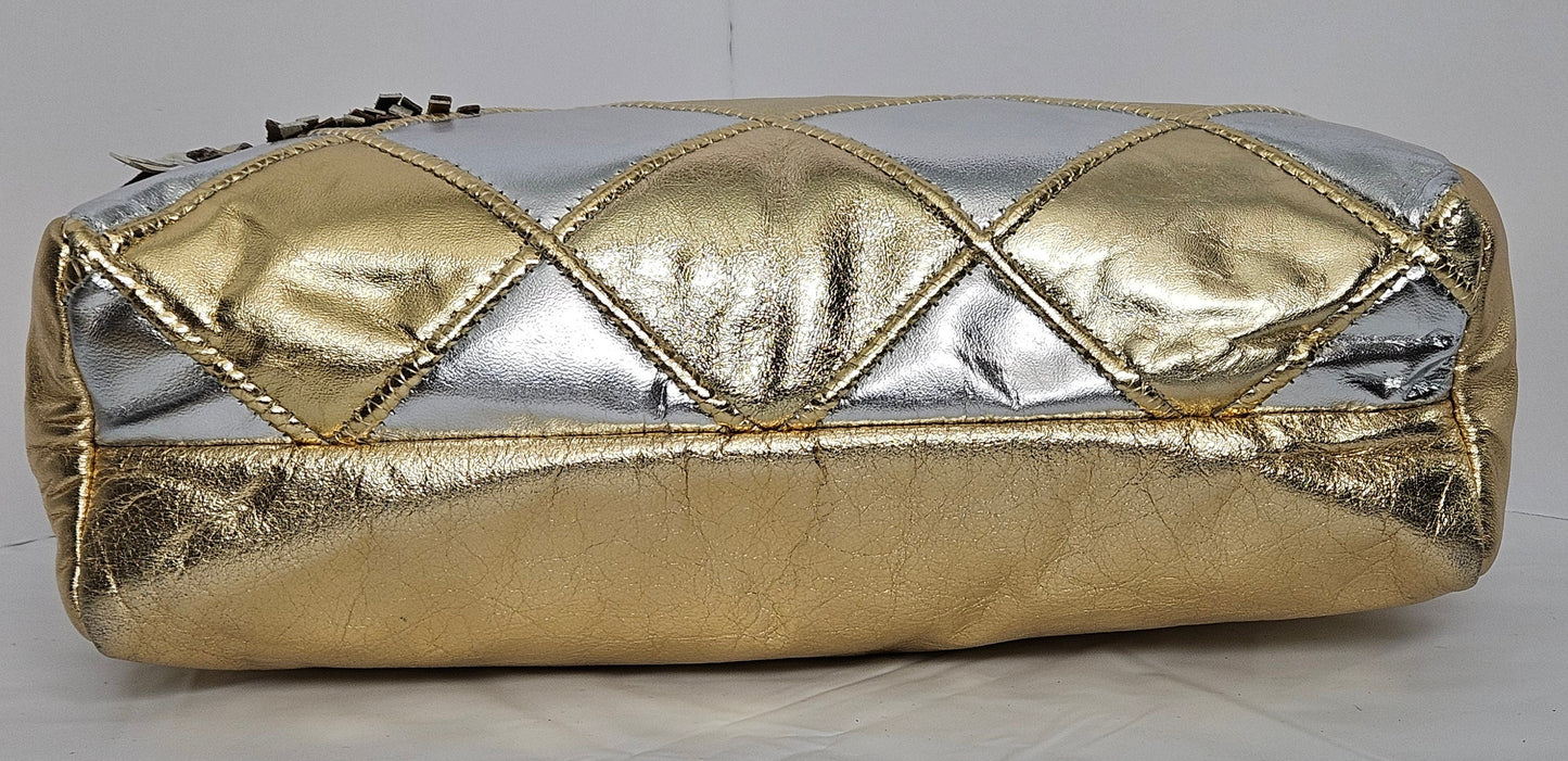 Gold Shining with Silver Shining and gold border diamond Square Zigzag Handbag.TR2018GSQZ-1 Purses for women, Genuine Leather Made in USA.