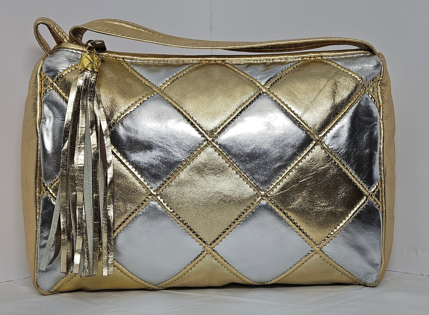 Gold Shining with Silver Shining and gold border diamond Square Zigzag Handbag.TR2018GSQZ-1 Purses for women, Genuine Leather Made in USA.