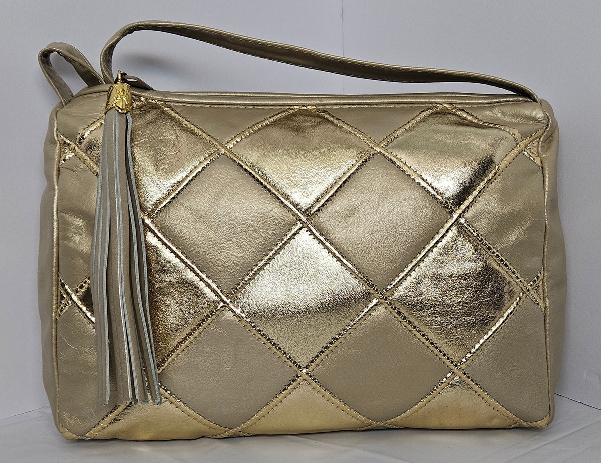 Gold Quilted Genuine Leather Handbag: Champagne Diamond Zigzag Purse