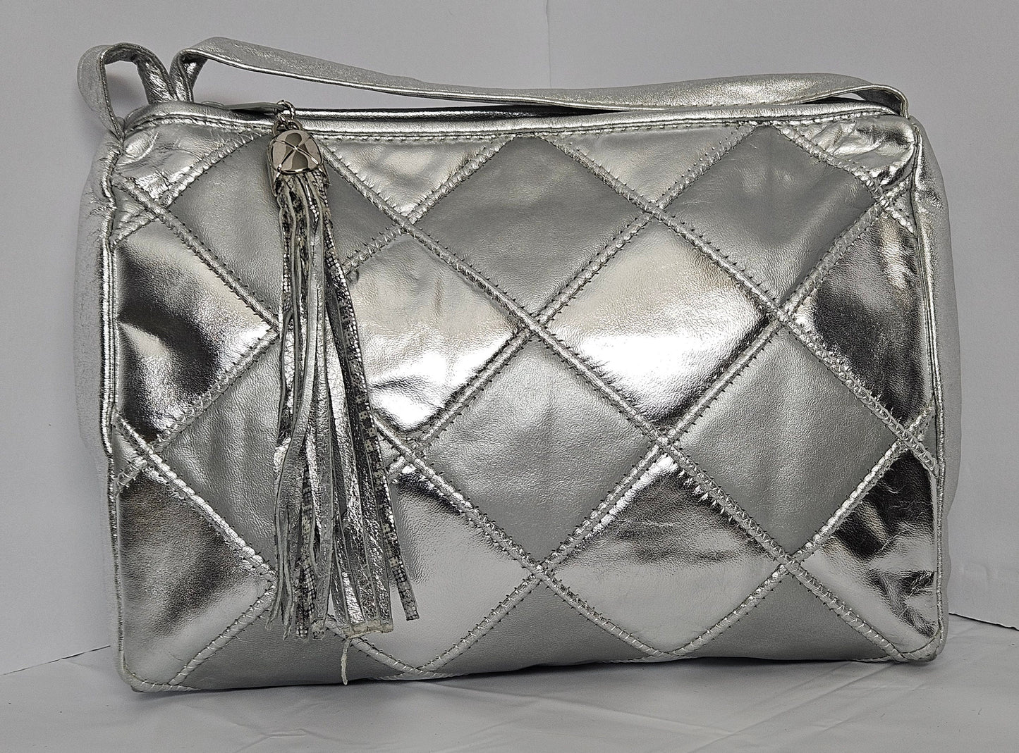 Silver Quilted Leather Handbag: Square Zigzag Crossbody Purse