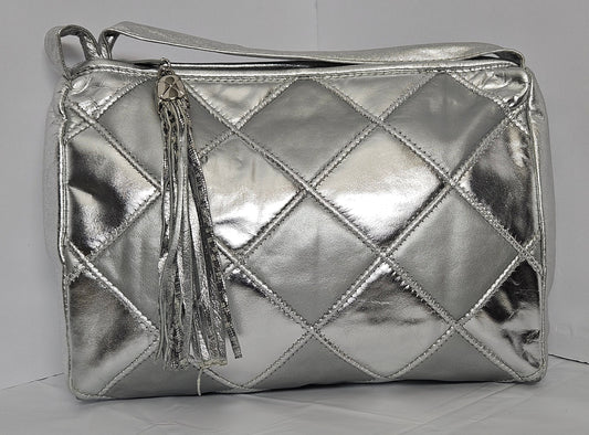 Silver Quilted Leather Handbag: Square Zigzag Crossbody Purse