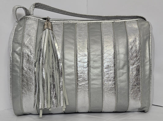 Shining Silver with Grey Stripes Zigzag  Crossbody Shoulder Handbag.TR2018SGZ. for women,her, Universal Use Genuine Leather Made in USA.