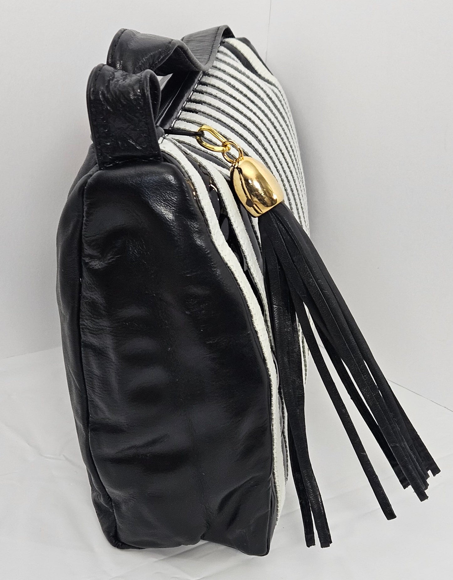 Black & White Striped Leather Crossbody Handbag - Made in USA