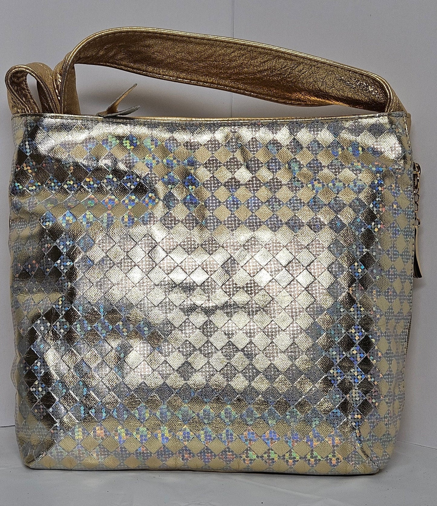 Tejrasila-Gorgeous shining Gold/silver print leather handbag!Made in USA!