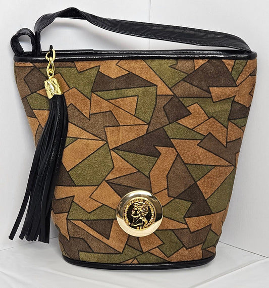 Black Multiprint Genuine Leather Handbag: Gold Coin & Tassel, Made in USA