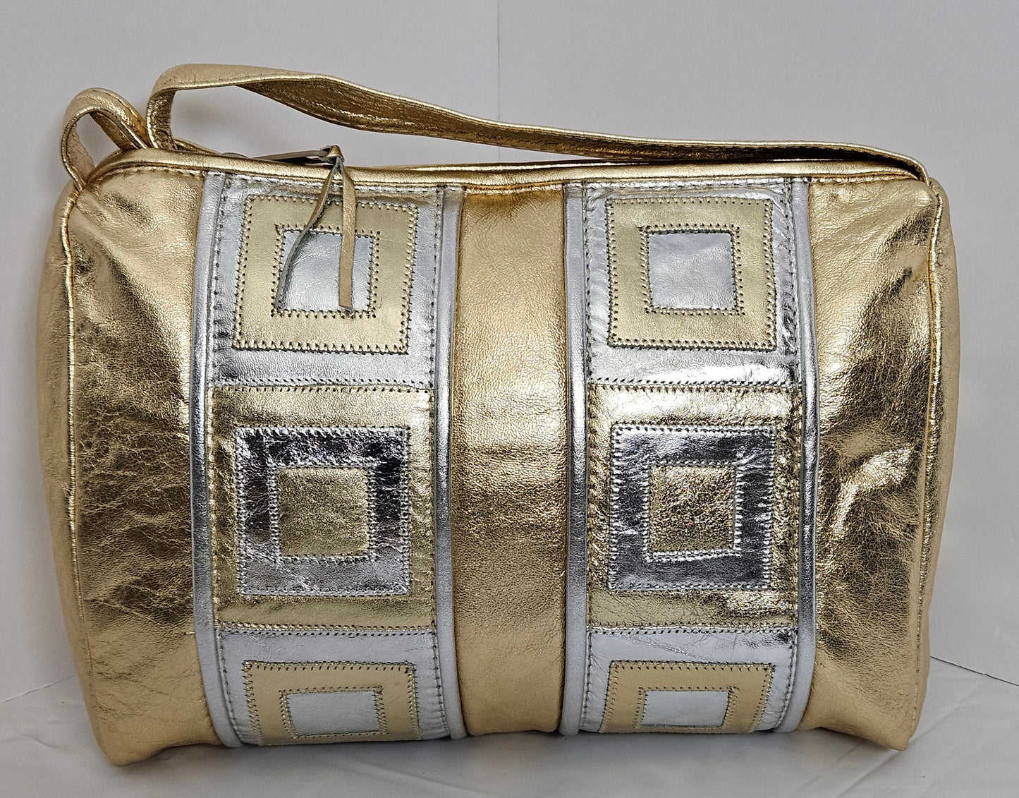 Gold Shining with Silver Square Zigzag Handbag.TR2018SQZ Purses for women, Genuine Leather Made in USA.