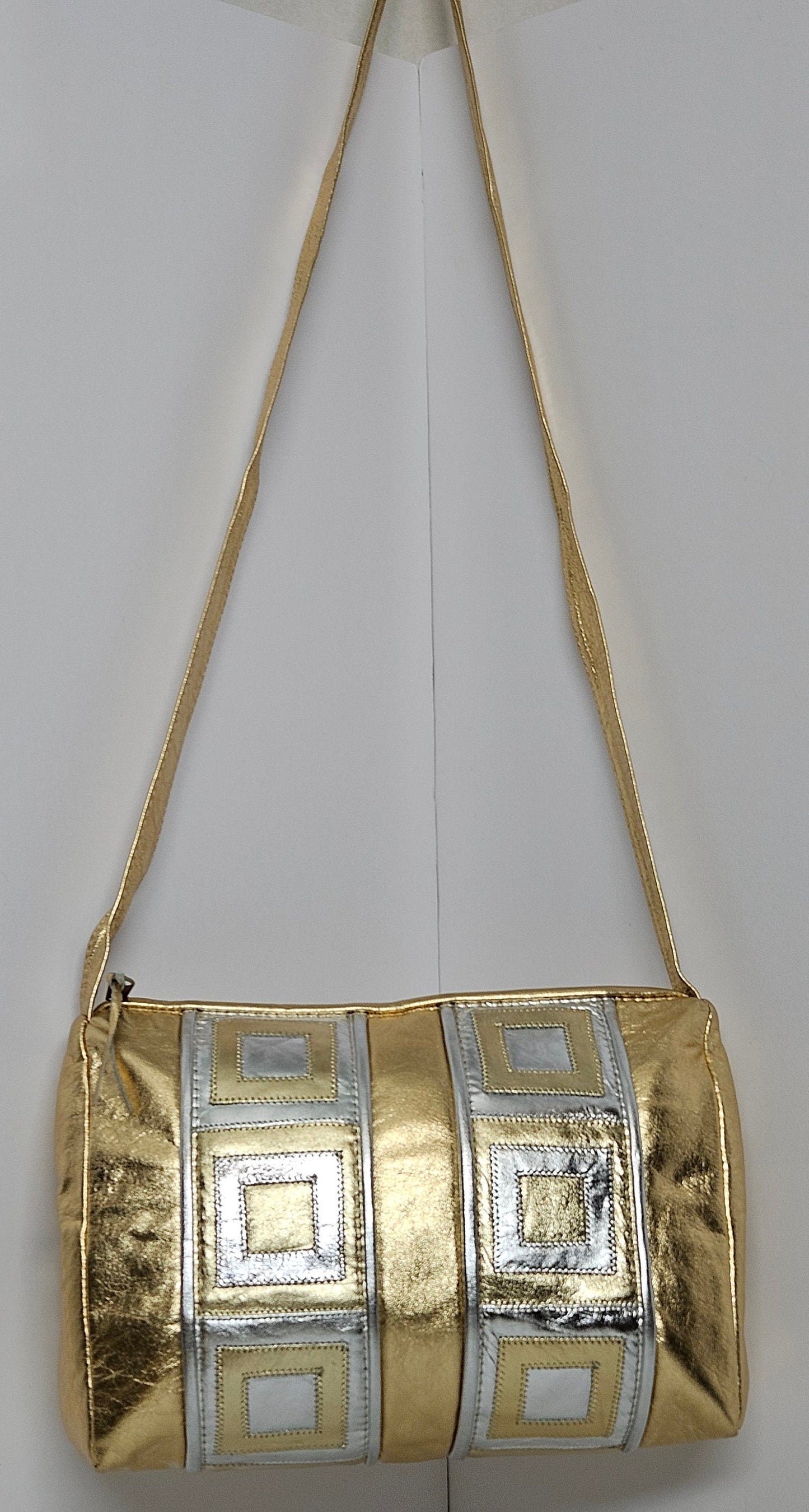 Gold Shining with Silver Square Zigzag Handbag.TR2018SQZ Purses for women, Genuine Leather Made in USA.