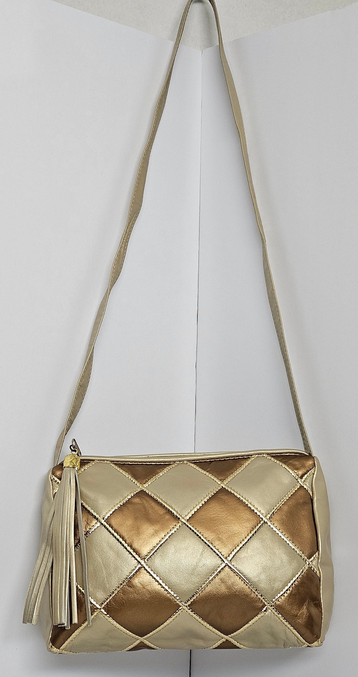 Champagne Leather Handbag: Gold Border Diamond Square, Made in USA