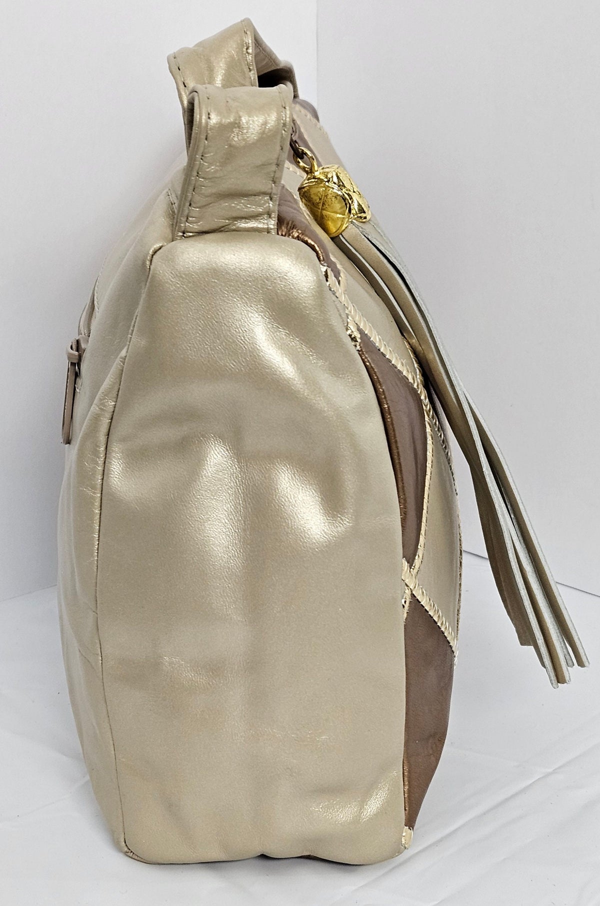 Champagne Leather Handbag: Gold Border Diamond Square, Made in USA