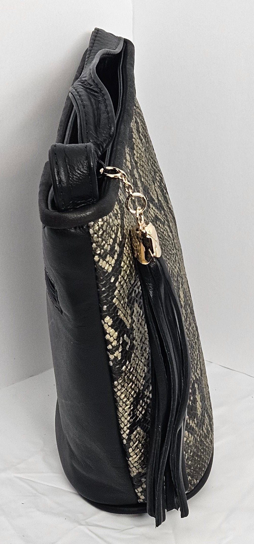 Embossed Leather Crossbody Handbag: Black Pewter Italian Leather Purse, Made in USA