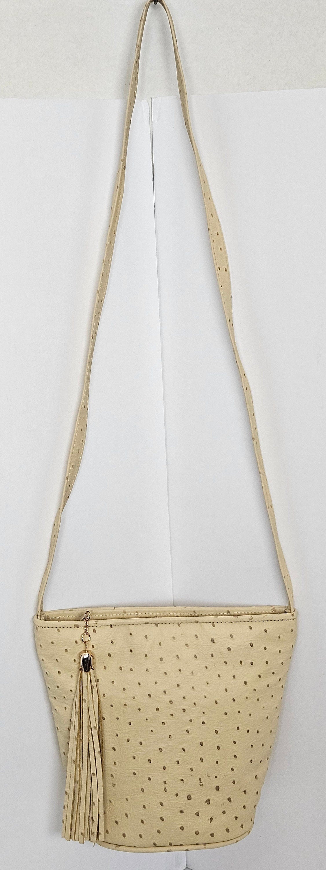 Beige Ostrich Leather Handbag, USA Made Crossbody Purse