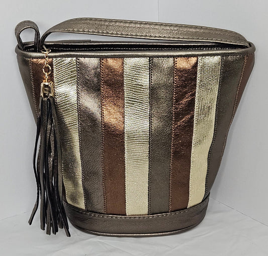 Pewter Zigzag Genuine Leather Handbag: Multi-tone Bucket Bag