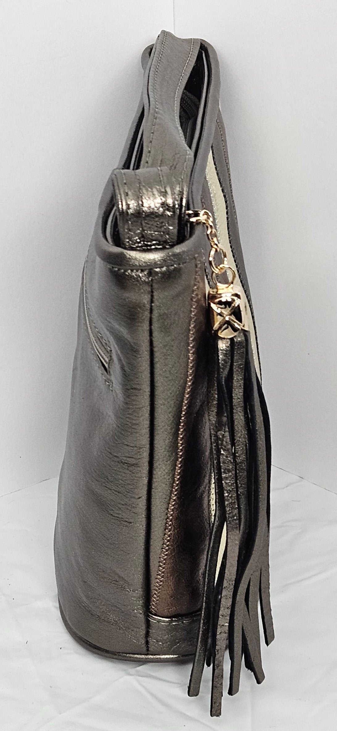 Pewter Zigzag Genuine Leather Handbag: Multi-tone Bucket Bag