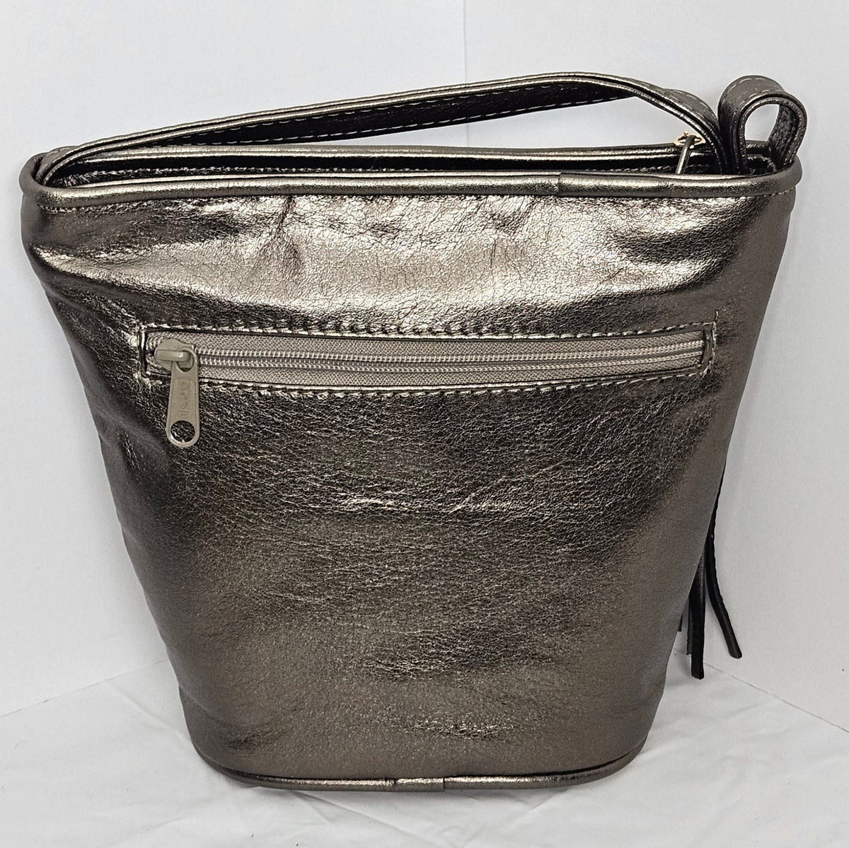 Pewter Zigzag Genuine Leather Handbag: Multi-tone Bucket Bag