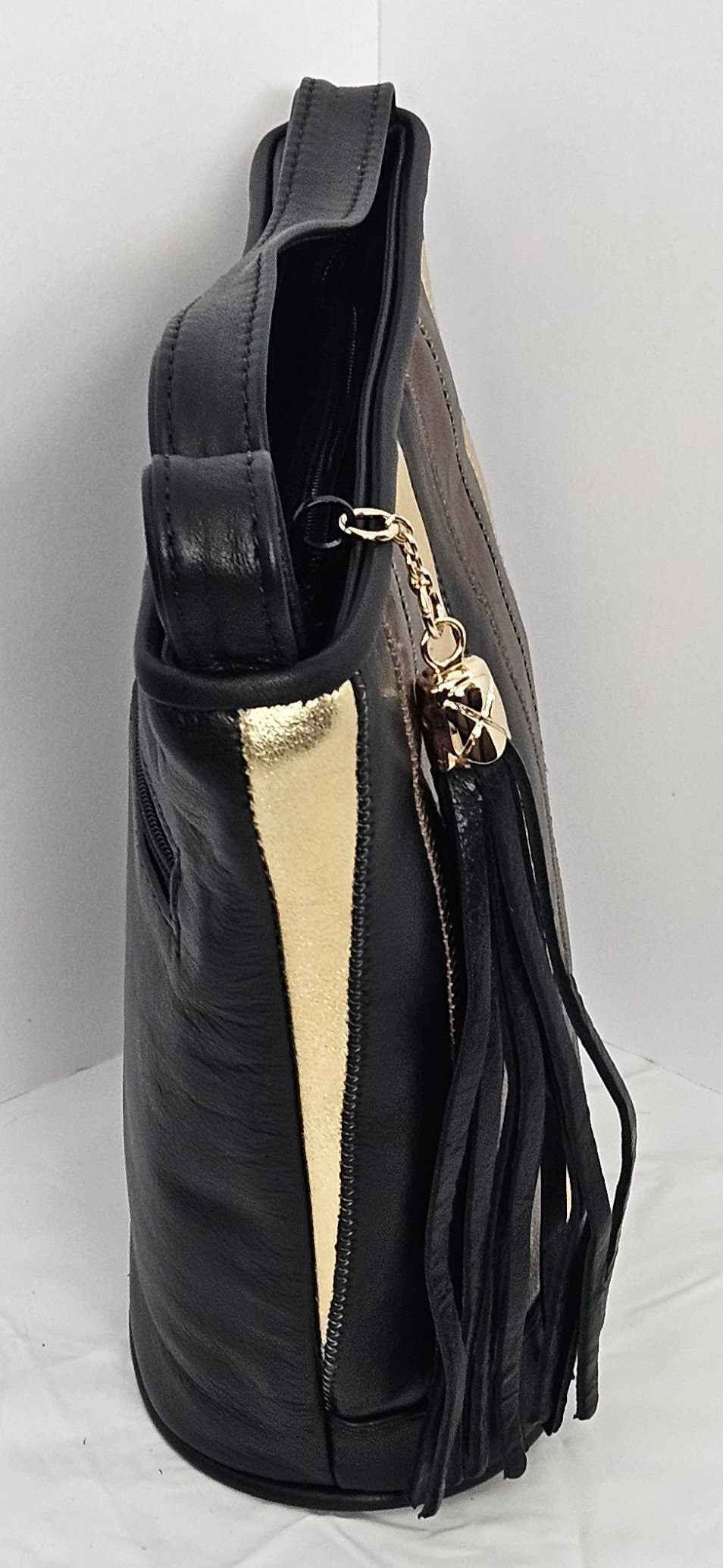 Black Leather Handbag: Multi Zigzag Italian Leather Crossbody, Made in USA