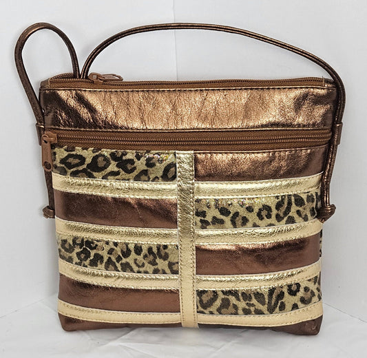 Bronze Leopard Patchwork Leather Crossbody Bag, USA Made
