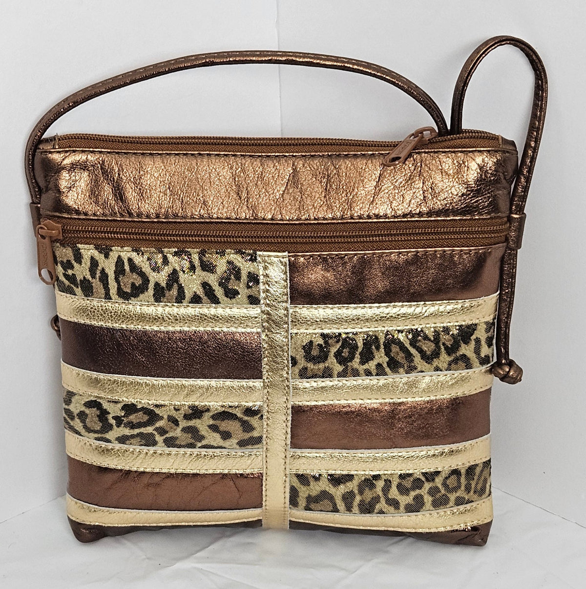 Bronze Leopard Patchwork Leather Crossbody Bag, USA Made