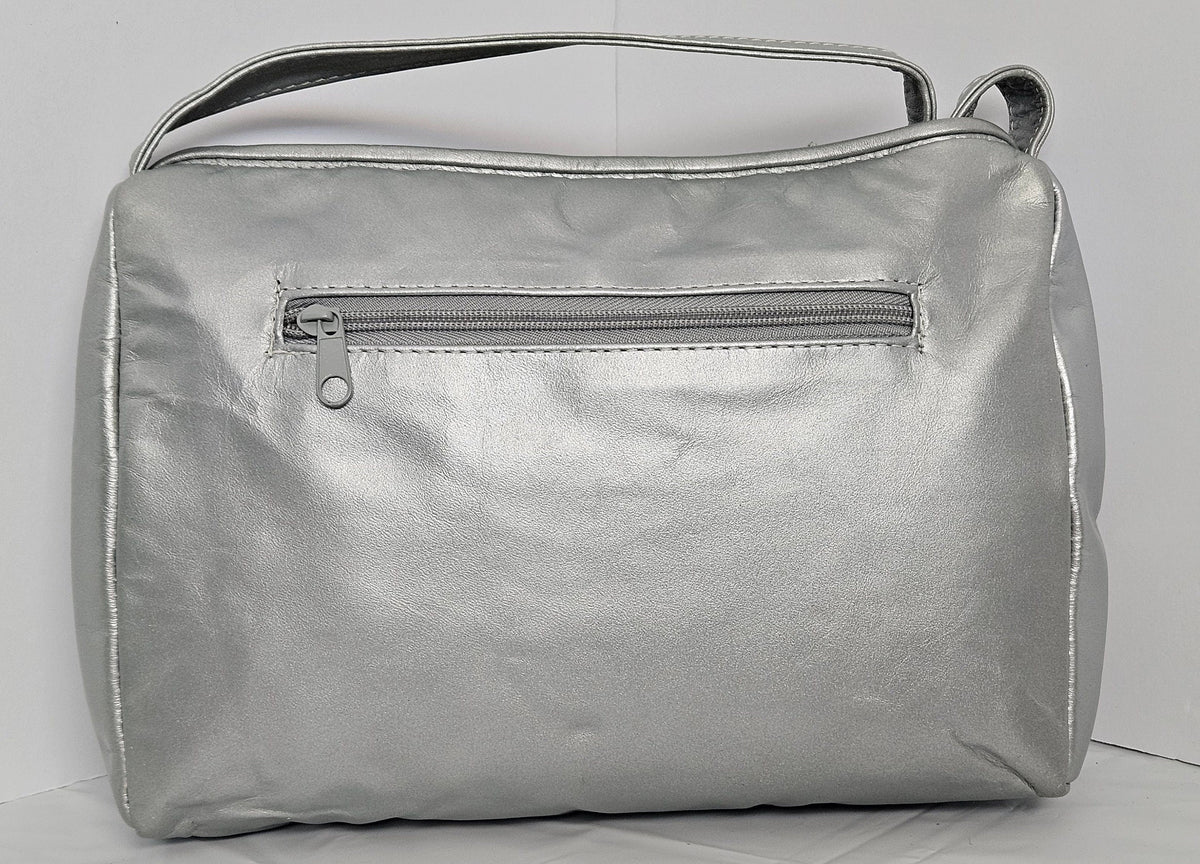 Grey Leather Shoulder Bag: Silver Stripes, Handmade Crossbody Purse