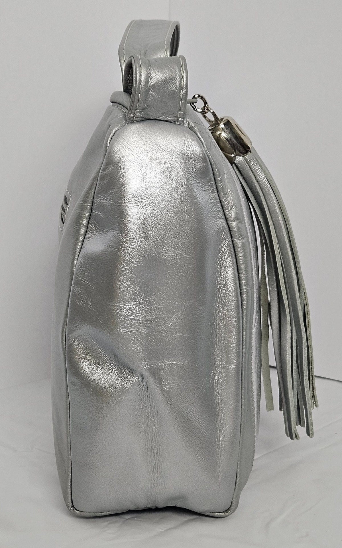 Grey Leather Shoulder Bag: Silver Stripes, Handmade Crossbody Purse