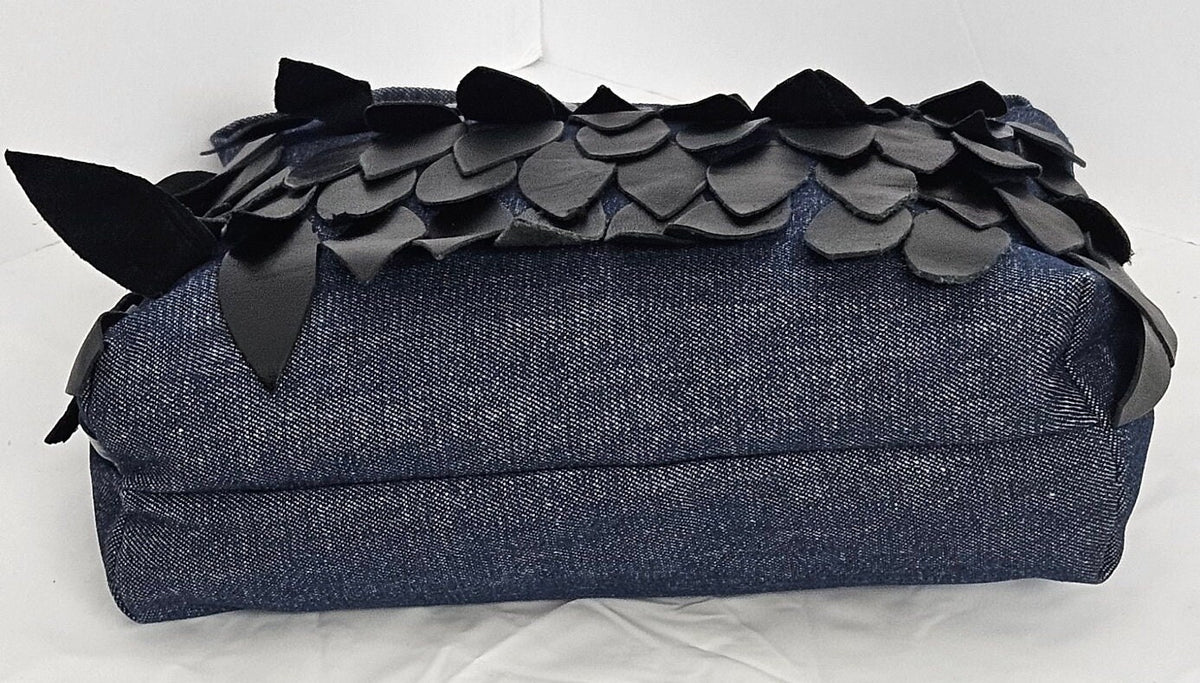 Blue Denim Moon Bag, Black Leather Leaf Design, Handmade in USA