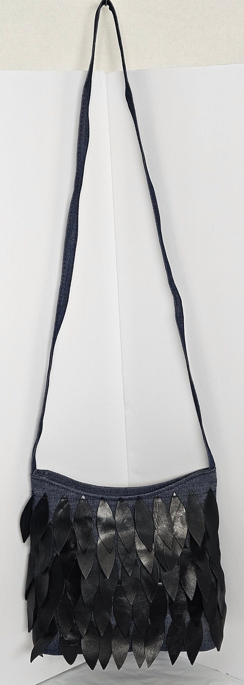 Blue Denim Moon Bag, Black Leather Leaf Design, Handmade in USA