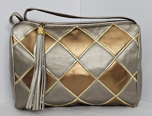 Mocha with Bronx mate and gold border diamond Square Zigzag Handbag.TR2018MSQZ-1 Purses for women, Genuine Leather Made in USA.