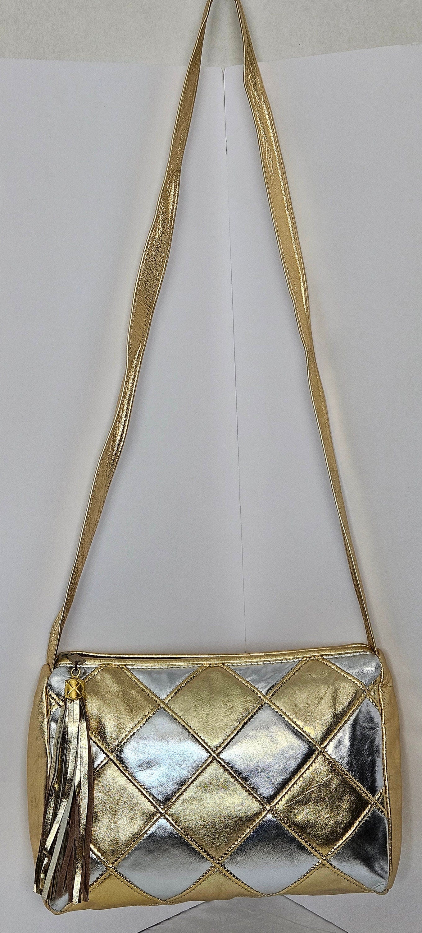 Gold Shining with Silver Shining and gold border diamond Square Zigzag Handbag.TR2018GSQZ-1 Purses for women, Genuine Leather Made in USA.