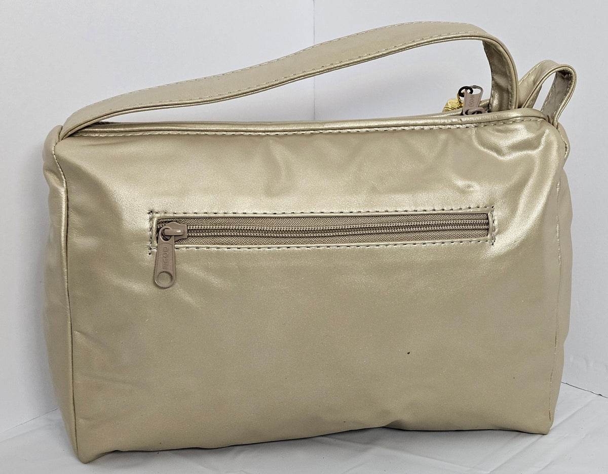 Gold Quilted Genuine Leather Handbag: Champagne Diamond Zigzag Purse