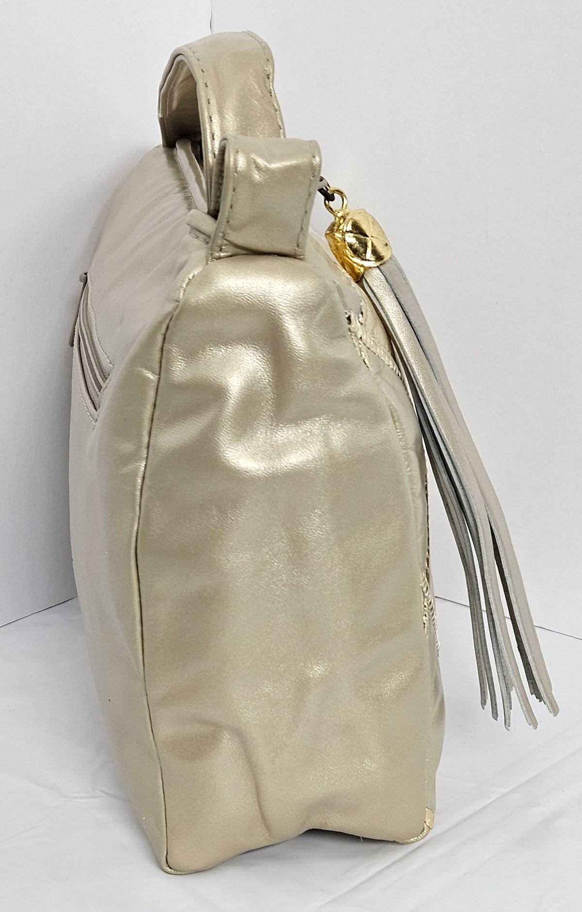 Gold Quilted Genuine Leather Handbag: Champagne Diamond Zigzag Purse