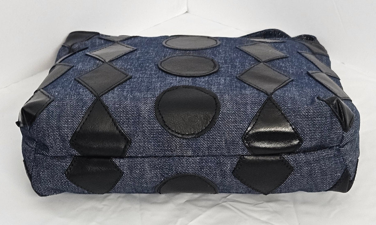 Denim Handbag with Black Leather Diamond and Circle Design, USA Made