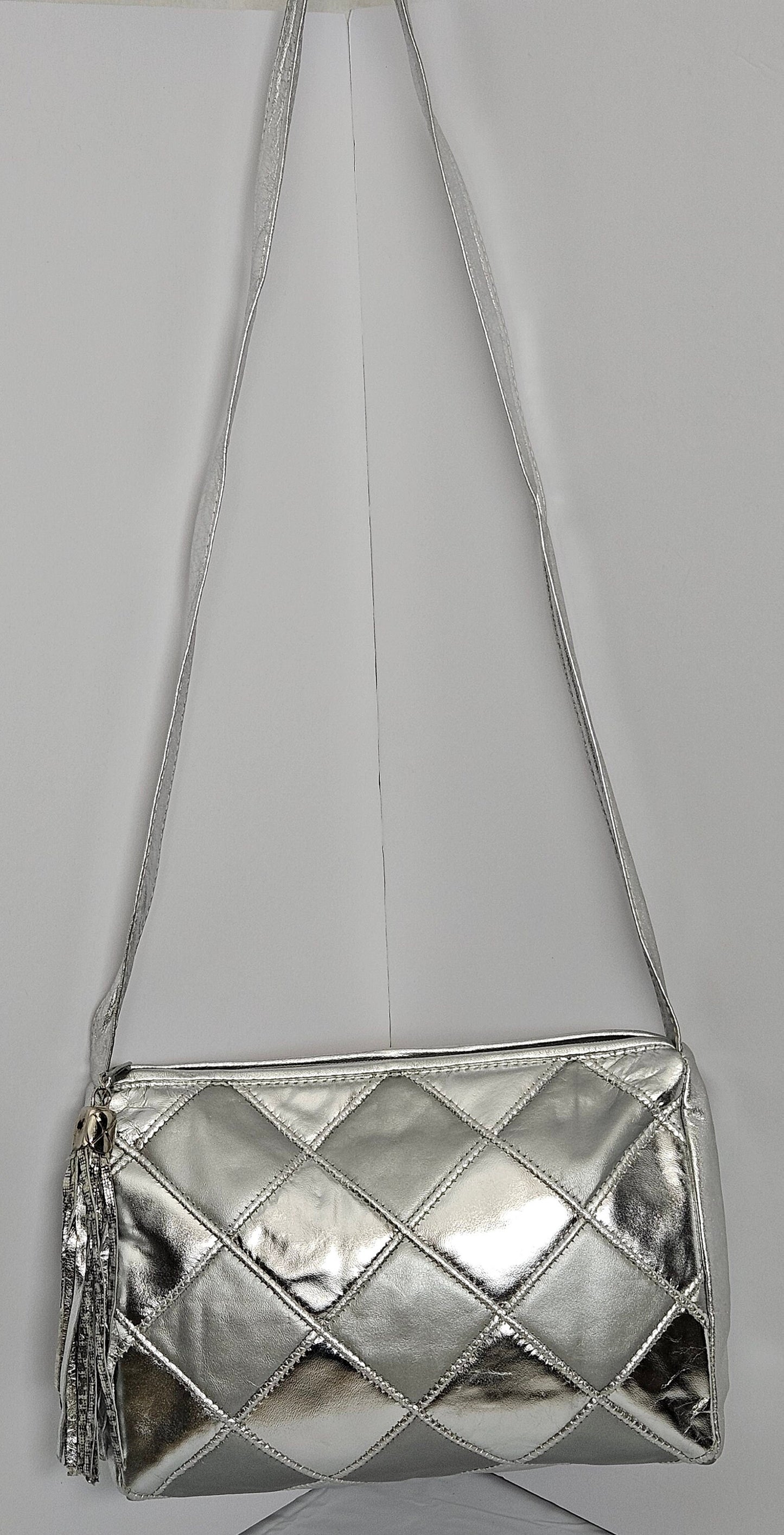 Silver Quilted Leather Handbag: Square Zigzag Crossbody Purse