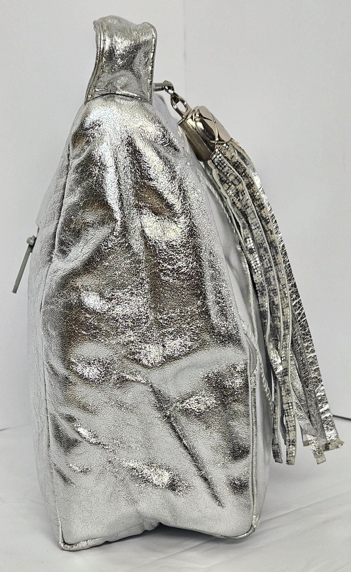 Silver Quilted Leather Handbag: Square Zigzag Crossbody Purse