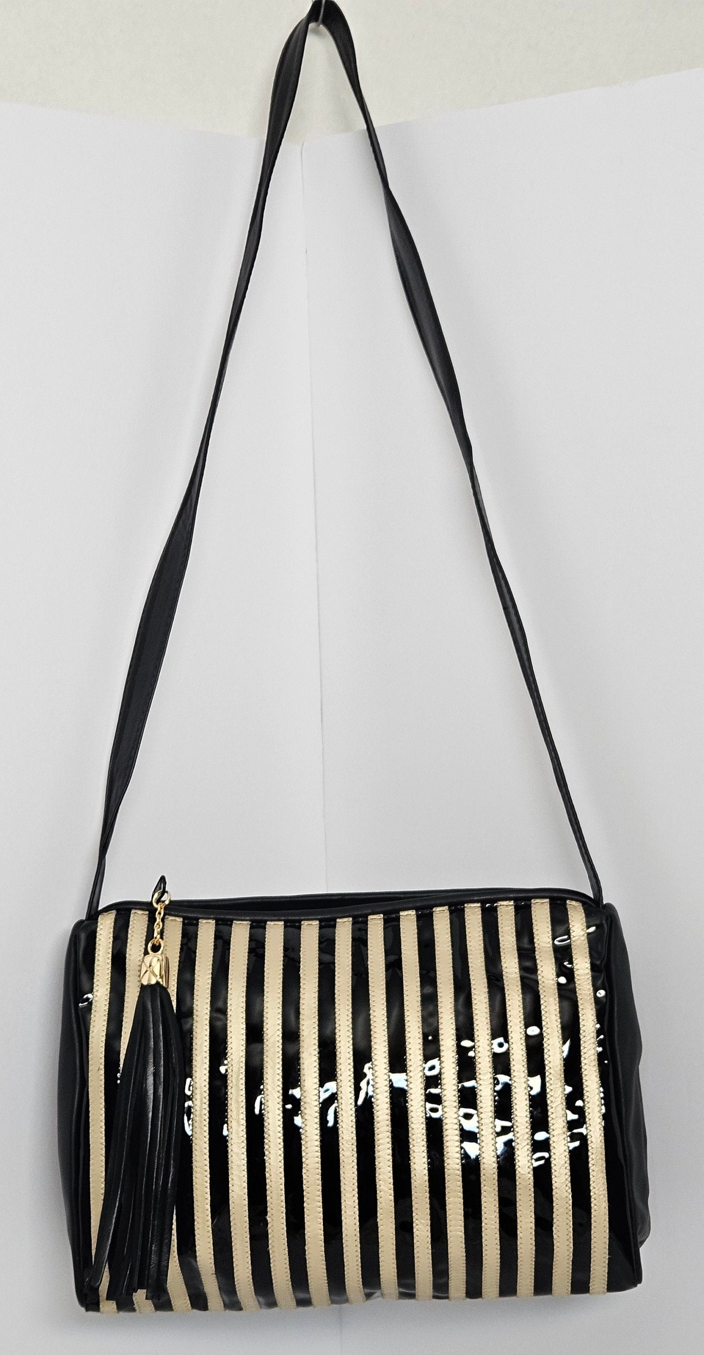 Black Patton with Champagne Stripe Zigzag Genuine Leather Crossbody Handbag#TR2018BCZ for women,girls, Soft Universal Use. Made in USA