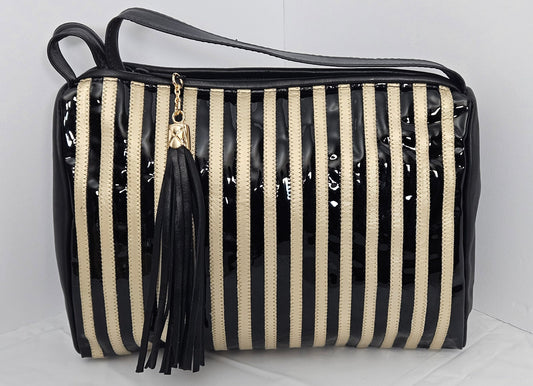 Black Patton with Champagne Stripe Zigzag Genuine Leather Crossbody Handbag#TR2018BCZ for women,girls, Soft Universal Use. Made in USA