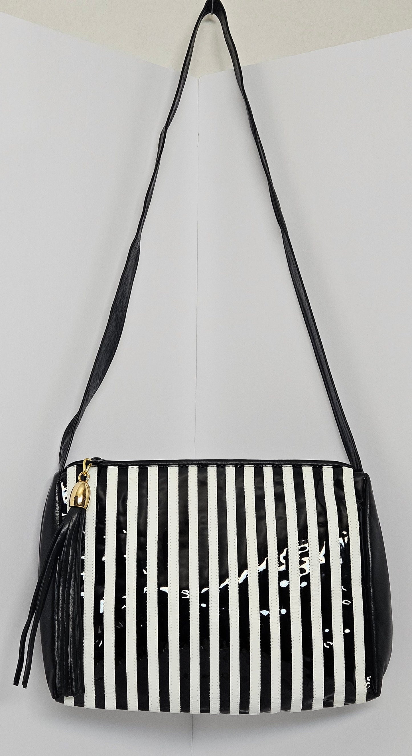 Black & White Striped Leather Crossbody Handbag - Made in USA