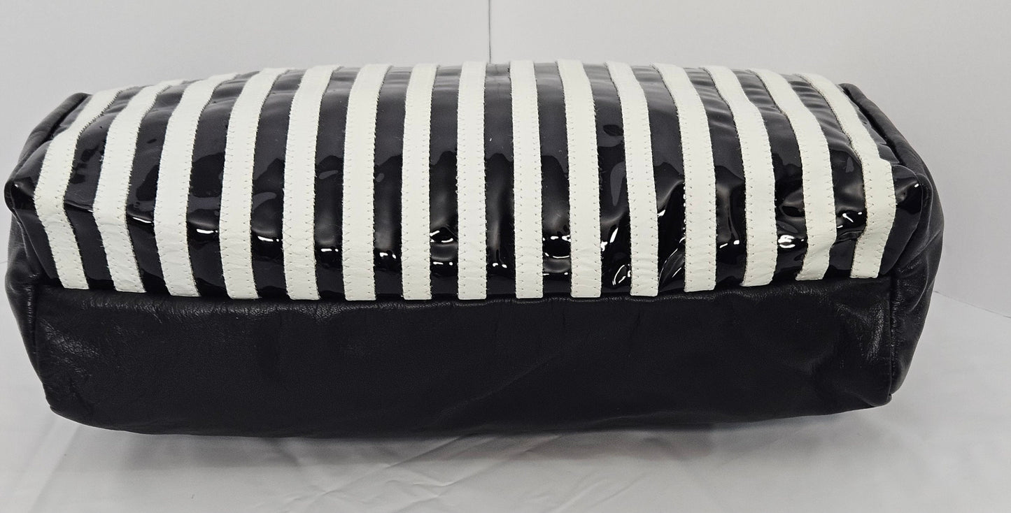 Black & White Striped Leather Crossbody Handbag - Made in USA